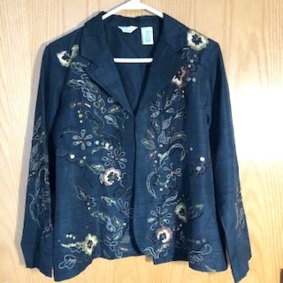 Laura Ashley Beaded Embroidered Silk Blend Jacket Petite Medium Black - Picture 1 of 11